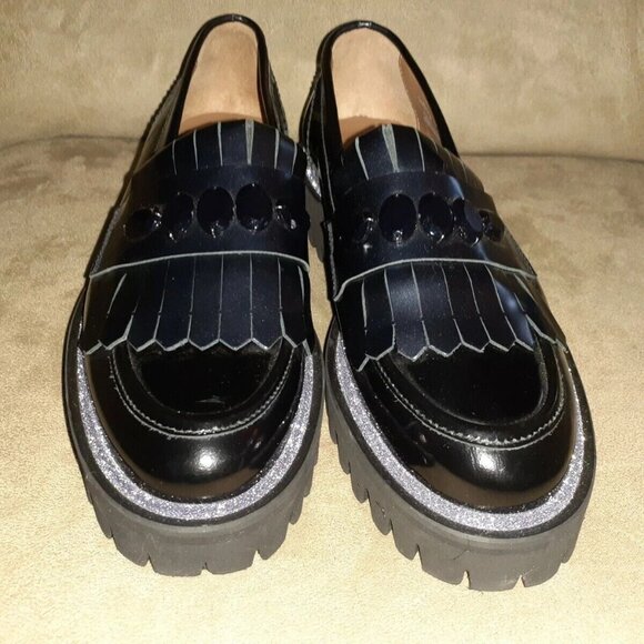 PERTINI-Black Leather Kilties Jeweled Loafers-Lightweight-Size 38/7.5-Excellent - Picture 3 of 7